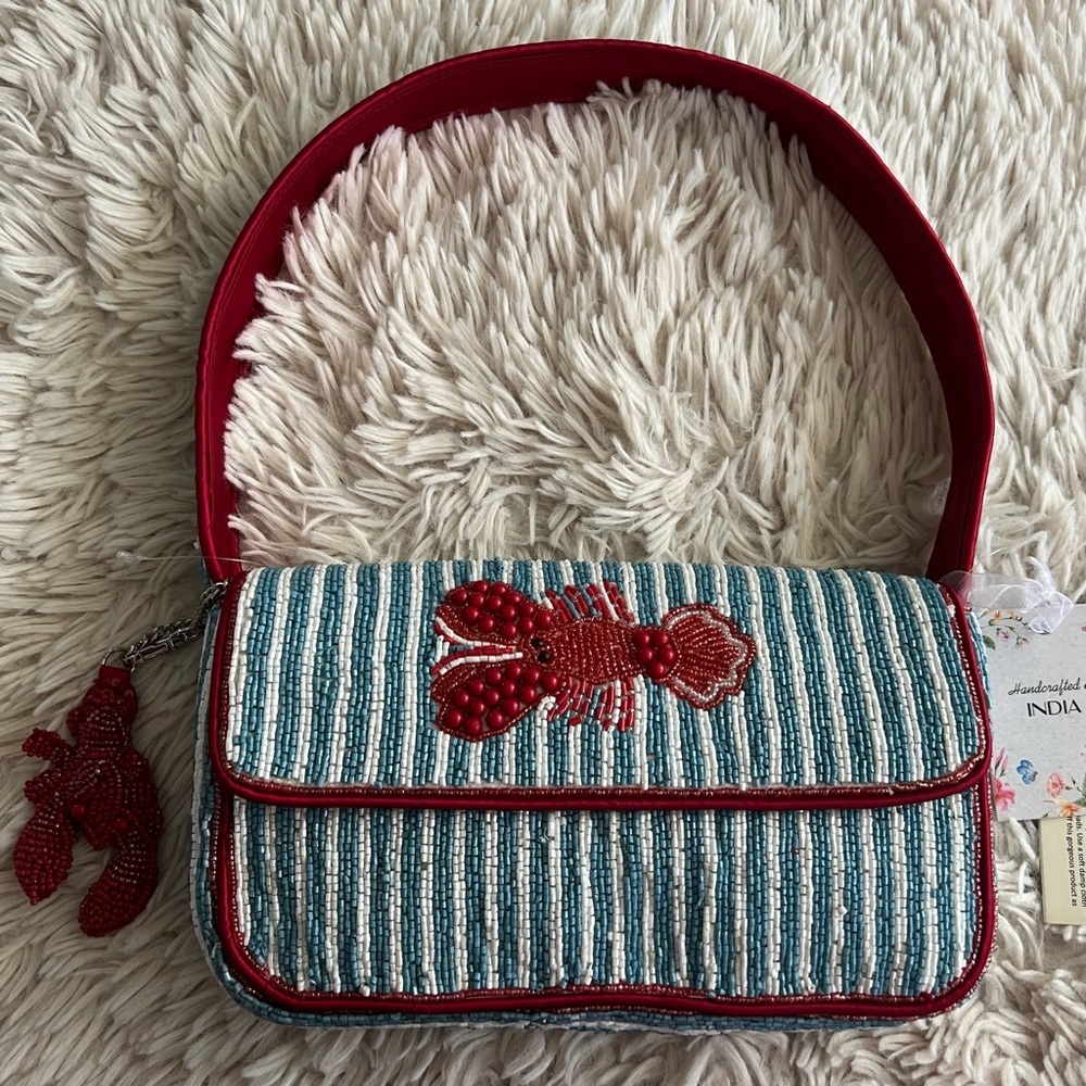 NEW Made In India Lobster White & Blue Stripes Beaded Purse TikTok VIRAL